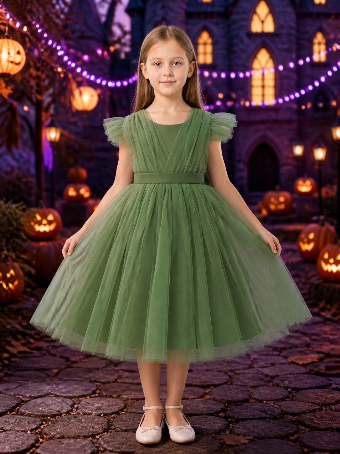 Toddler Girls' Green Princess Dress with Flutter Sleeves and Layered Tulle Full Costume Dresses detail 2