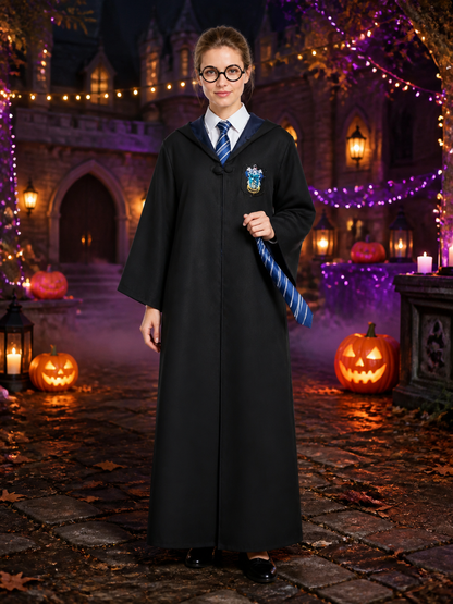 Wizard Costume Set With Hooded Robe, Striped Tie And Round Glasses Costumes detail 2