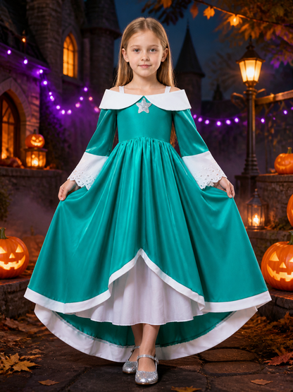 Girls Rosalina Princess Cosplay Dress with Silver Star and High-Low Hem on-model Halloween scene view