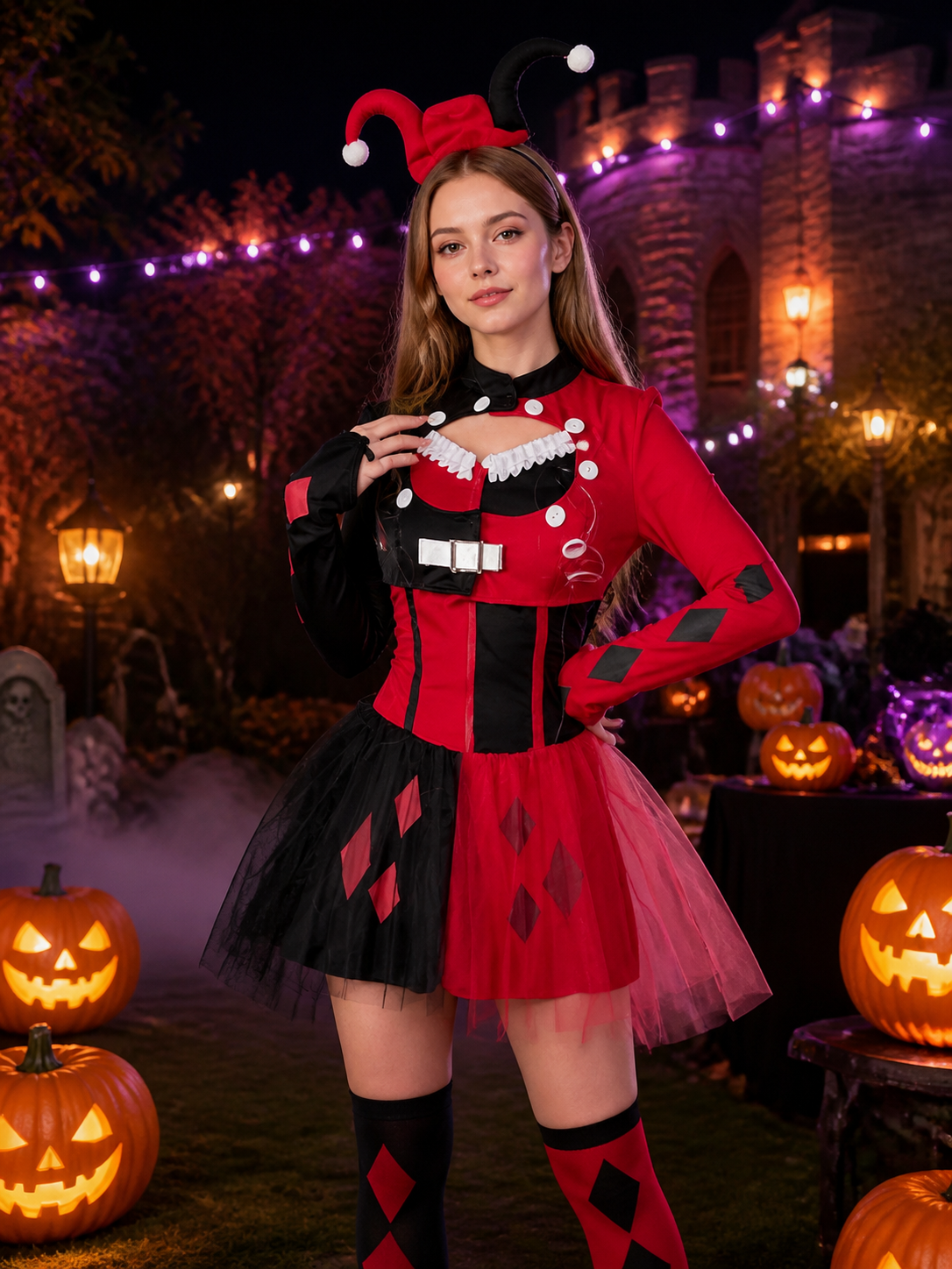 Clown Costume Set, Red Black Pink Tutu Dress with Diamond Patches, Halloween Costume Dresses detail 2