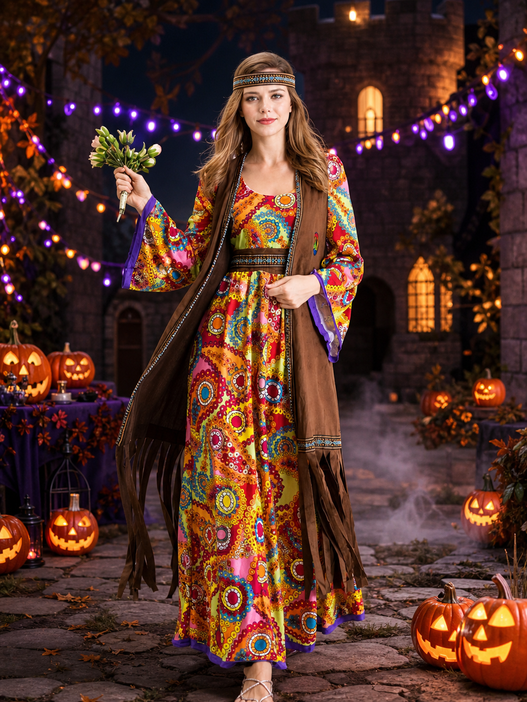 Hippie 70s Bohemian Costume Set, Paisley Printed Dress, Fringed Vest And Costume Dresses detail 2