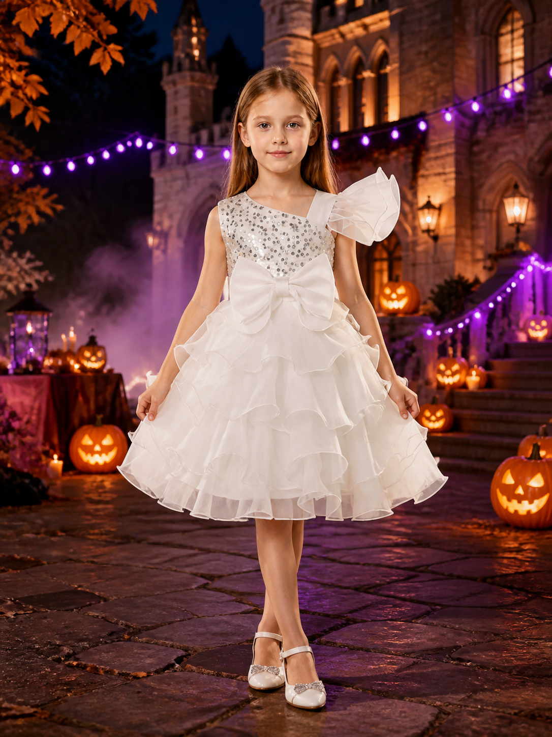 Girls' White Princess Dress with Sequins, Bow, and Layered Ruffle Skirt Costume Dresses detail 2