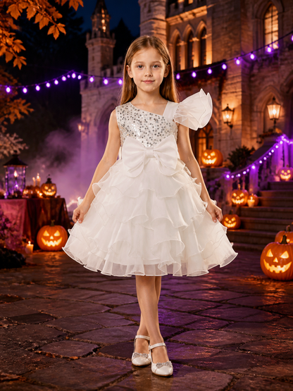 Girls' White Princess Dress with Sequins, Bow, and Layered Ruffle Skirt Costume Dresses detail 2