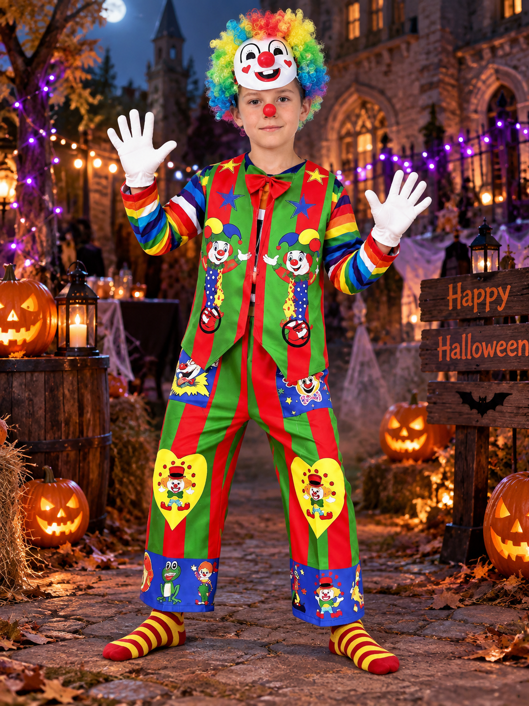 Multicolor Clown Costume with Wig, Mask, and Gloves