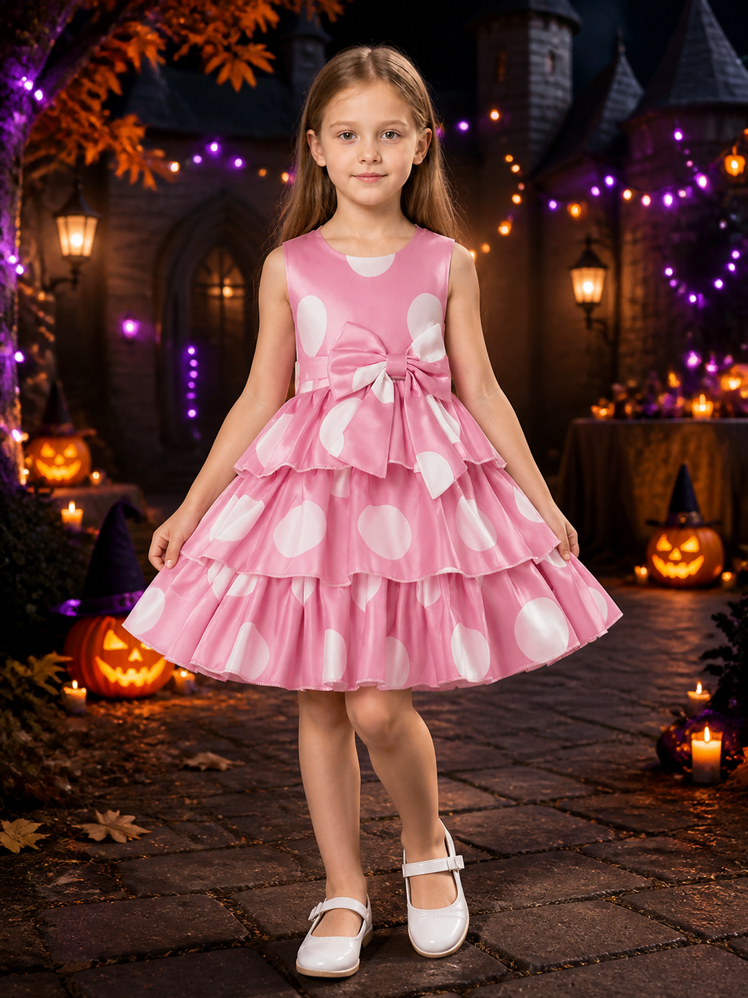 Girls' Pink Polka Dot Princess Dress with Bow and Ruffle Skirt Costume Dresses detail 2