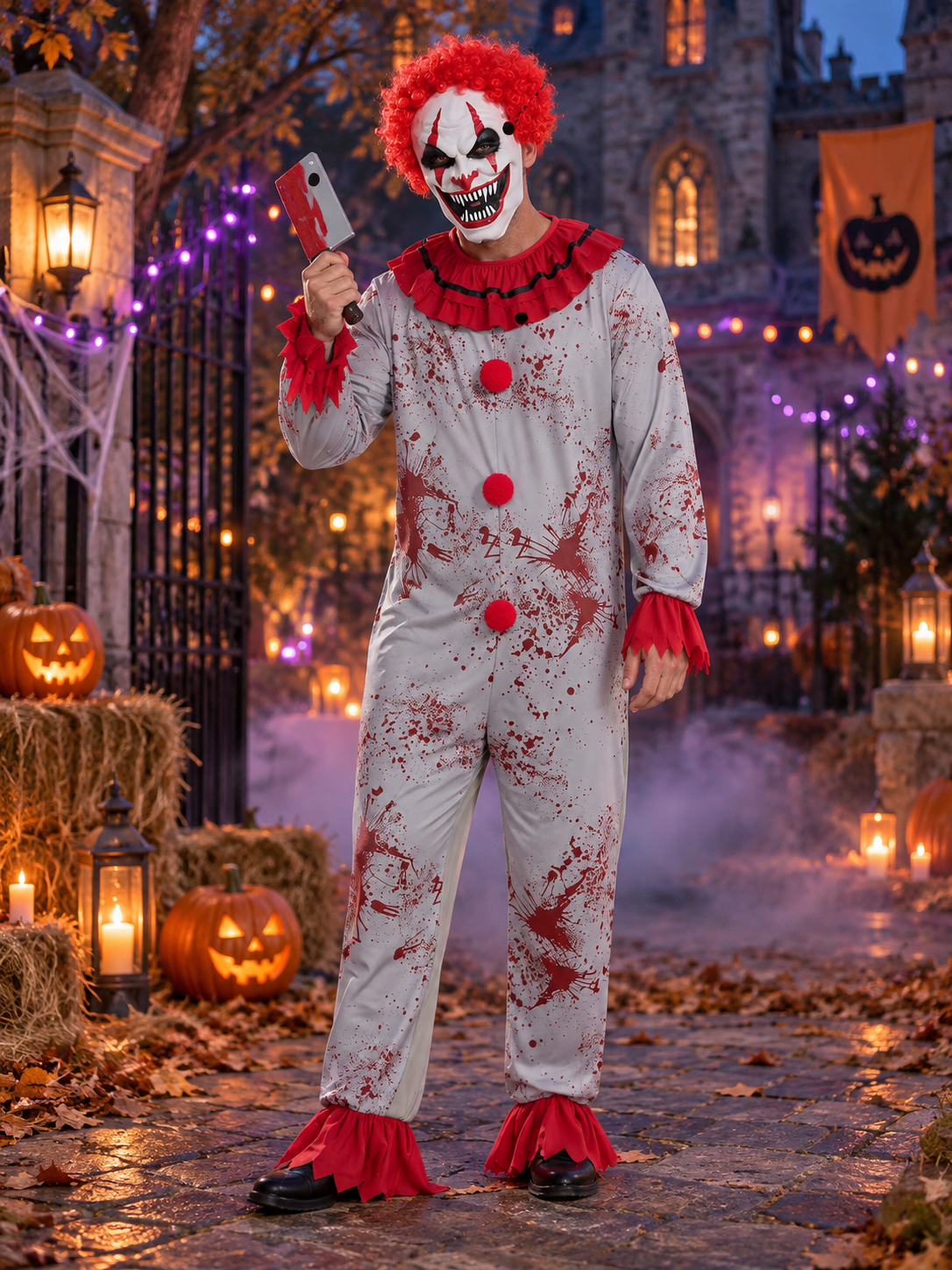Scary Clown Costume with Mask and Blood Effect
