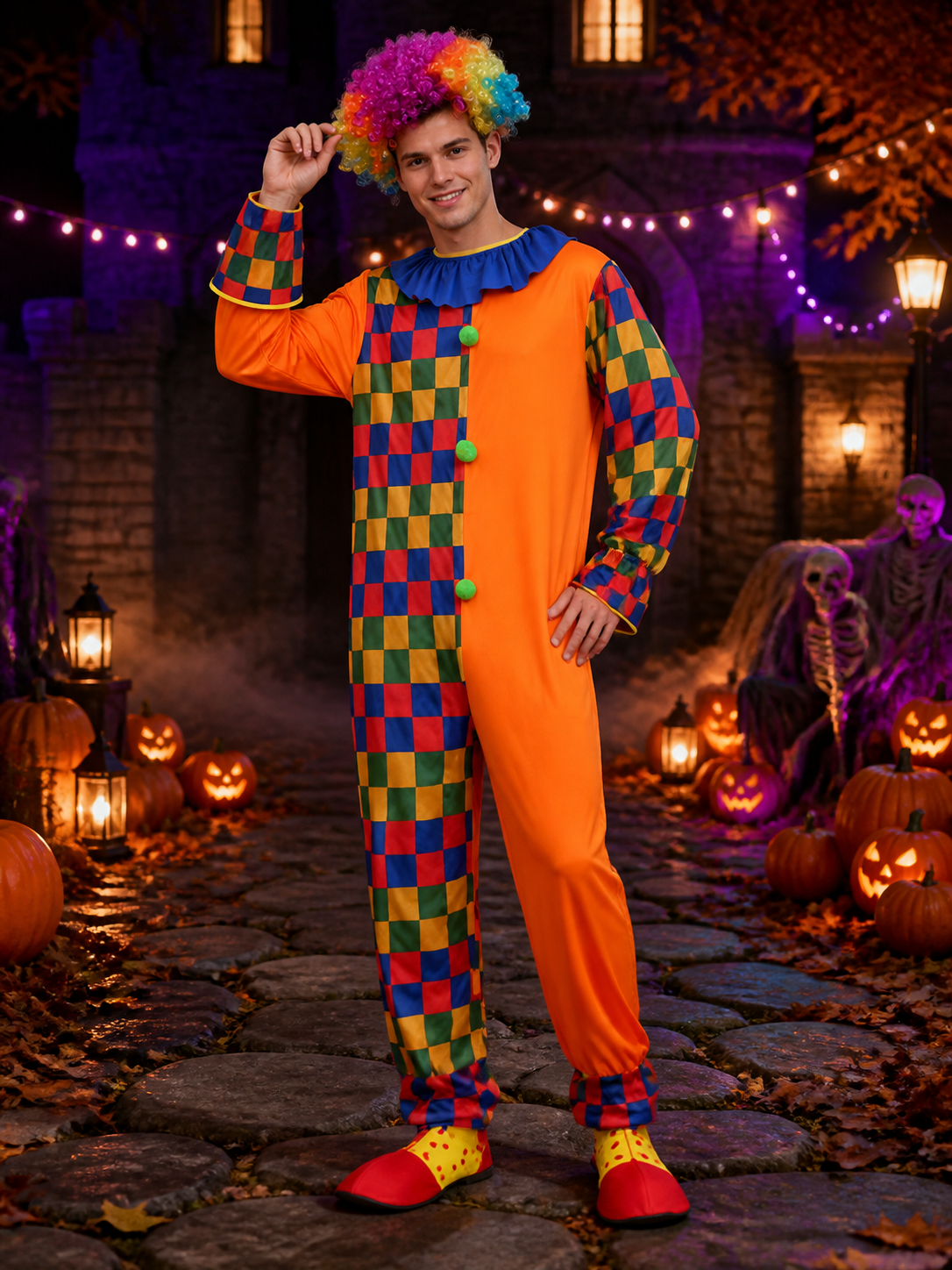 Adult Clown Jumpsuit Costume, Multicolor Checkered Print Bodysuit for Halloween Costumes detail 2