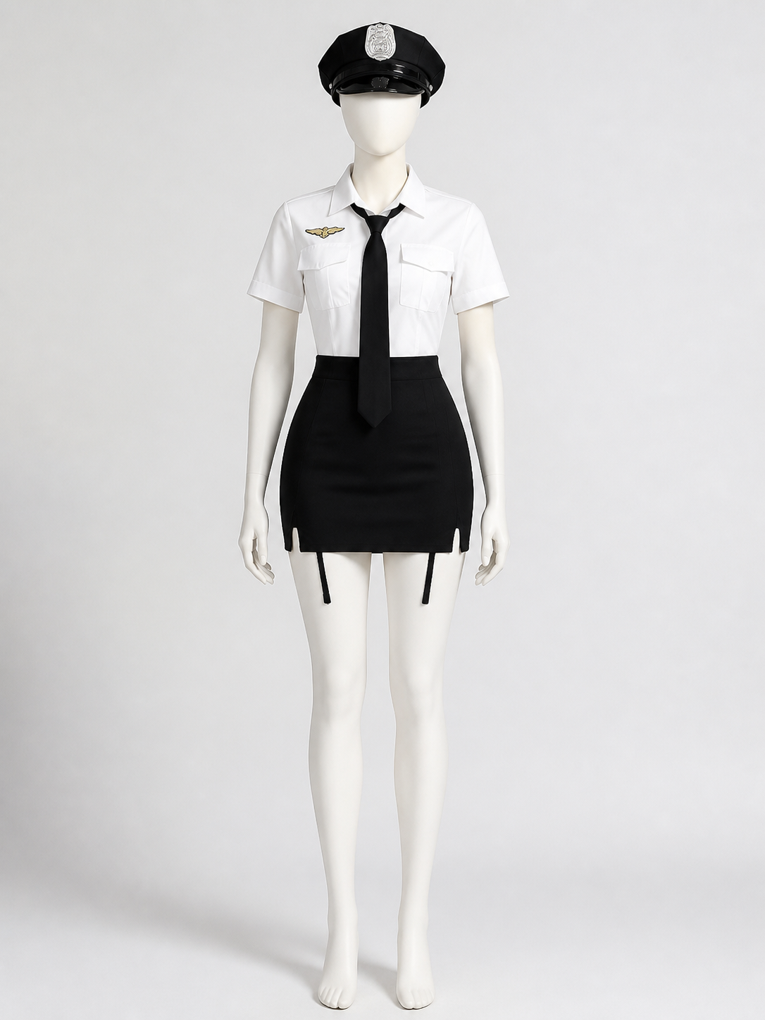 Women's Sexy Police Officer Costume Set, White & Black Uniform with Hat and Costume Headwear detail 2