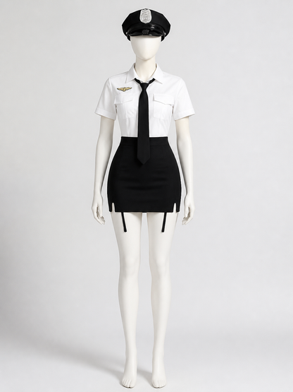 Women's Sexy Police Officer Costume Set, White & Black Uniform with Hat and Costume Headwear detail 2