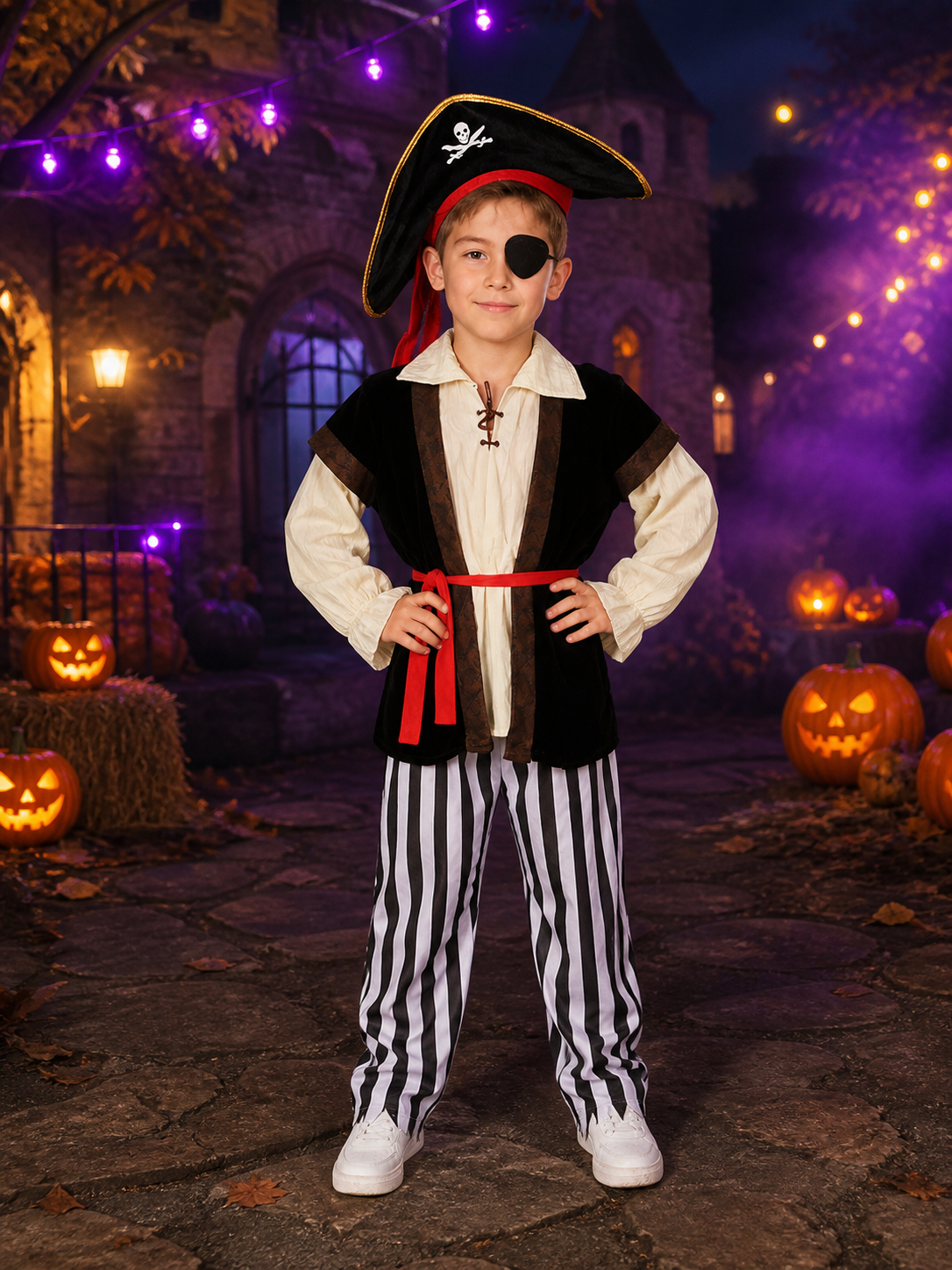 Boy's Pirate Costume Set with Hat, Eye Patch, Belt and Striped Pants Costume Headwear detail 2