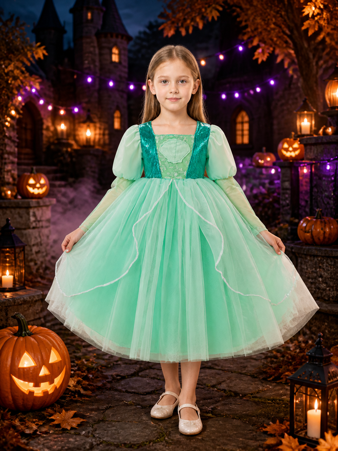 Girls' Green Princess Dress Costume, Sequined Tulle Long-Sleeve Party Outfit Costume Dresses detail 2