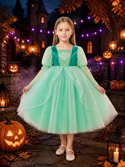 Girls' Green Princess Dress Costume, Sequined Tulle Long-Sleeve Party Outfit Costume Dresses detail 2