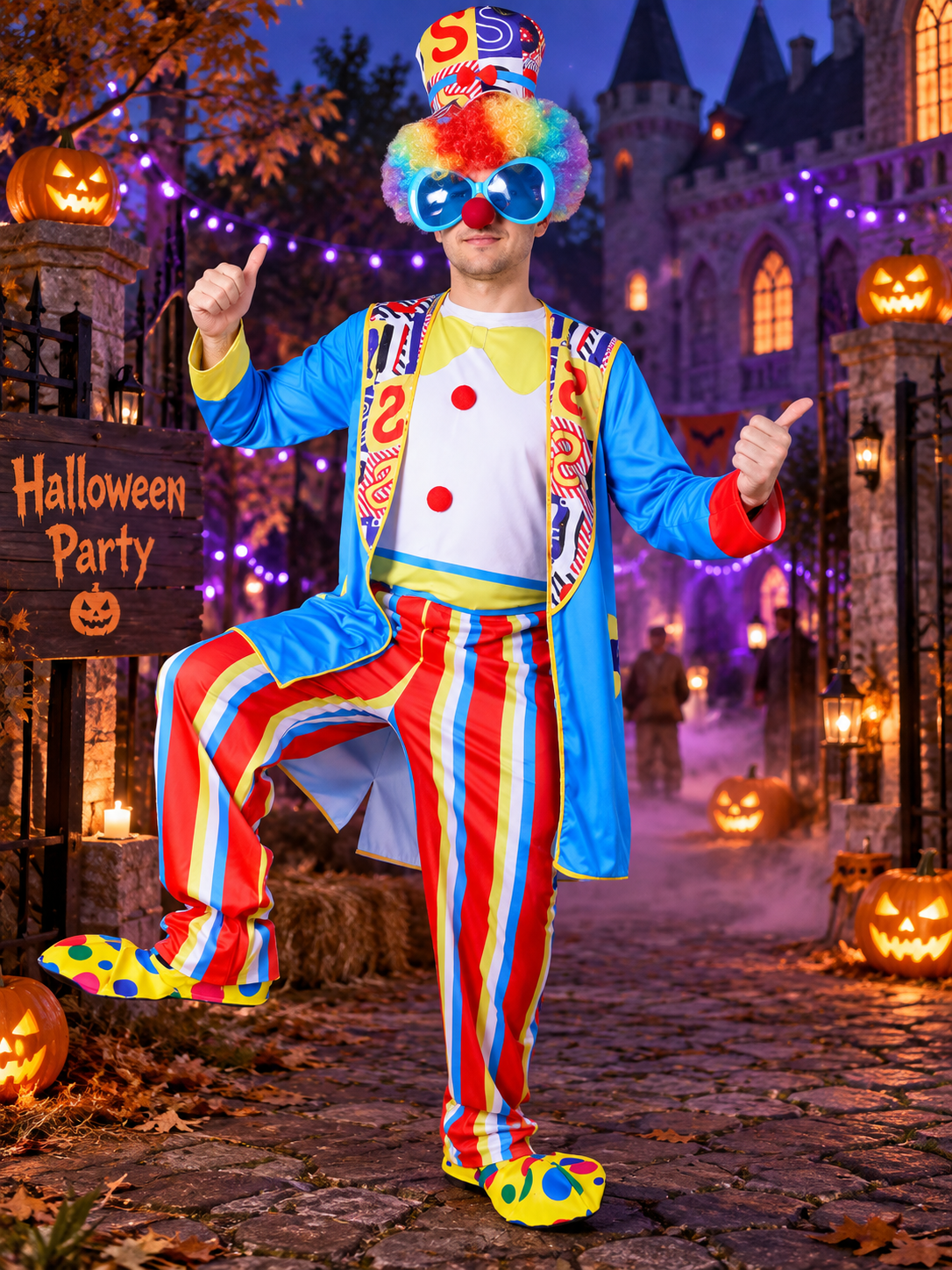 Colorful Clown Costume for Adults: Jumpsuit, Mask