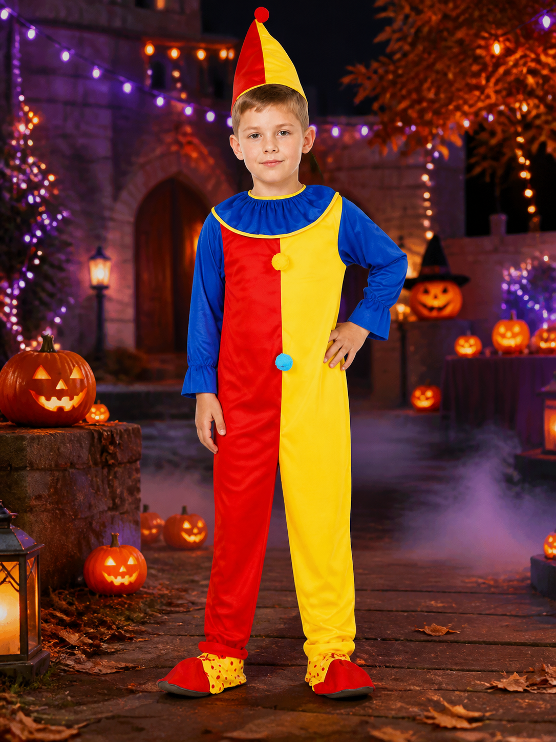 Boys' Clown Jumpsuit Costume Set With Hat, Halloween Cosplay Outfit Costume Headwear detail 2