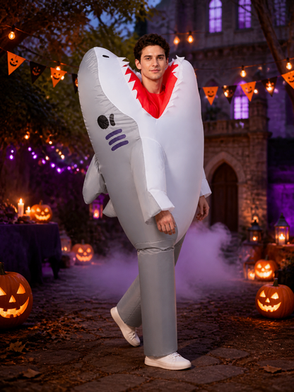 Adult Shark Costume Jumpsuit with Striped Fins and Teeth, Halloween Party Outfit Costumes detail 2