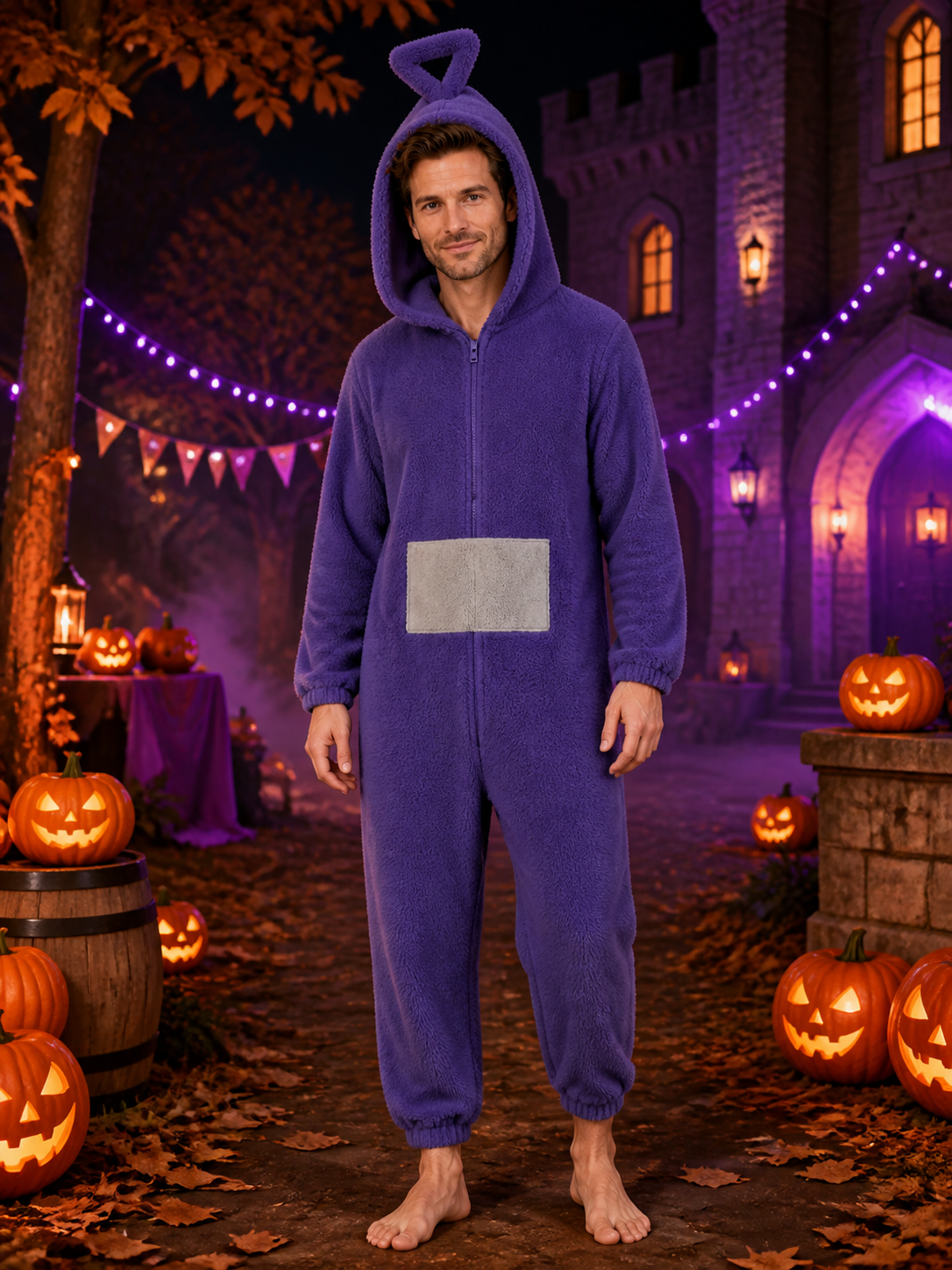 Adult Unisex Purple Cartoon Character Hooded Jumpsuit Costume, Front Zip Funny Costumes detail 2