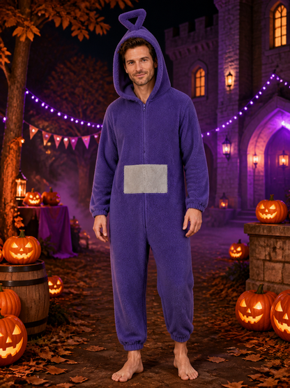 Adult Unisex Purple Cartoon Character Hooded Jumpsuit Costume, Front Zip Funny Costumes detail 2