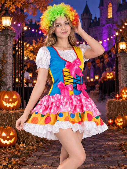 Clown Costume: Multicolored Dress with Bows and Ruffles