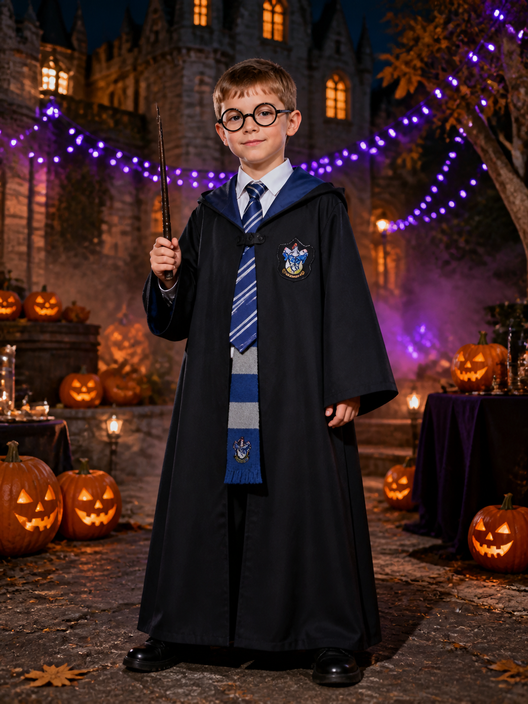 Ravenclaw Wizard Robe Costume Set, Hooded Long Robe with Tie, Scarf, Glasses and Costumes detail 2