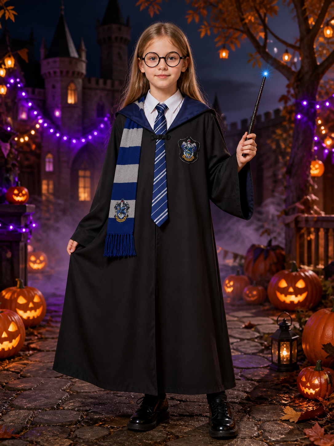 Wizard Robe Costume Set, Hooded Cloak With Striped Scarf, Tie, Glasses And Wand Costume Capes detail 2