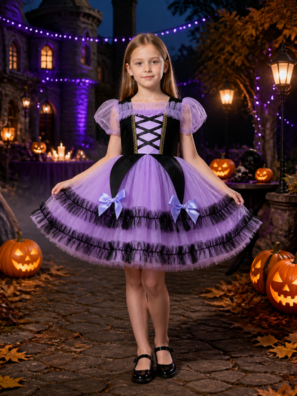 Girls' Purple and Black Witch Princess Costume Dress with Puff Sleeves and Tulle Costume Dresses detail 2