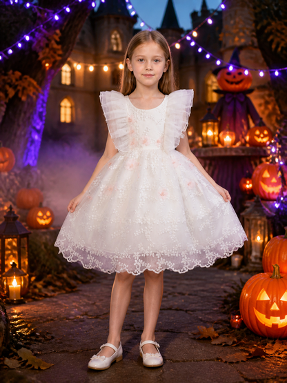 Girls' White Embroidered Tulle Princess Dress With Layered Flutter Sleeves, Ages Costume Dresses detail 2