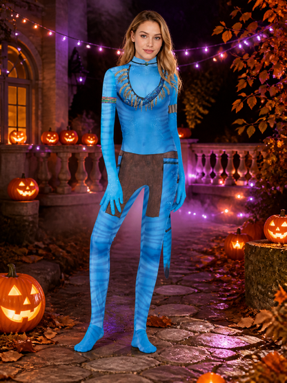 Women's Avatar Style Blue Bodysuit Costume with Tribal Pattern, Attached Gloves Costumes detail 2