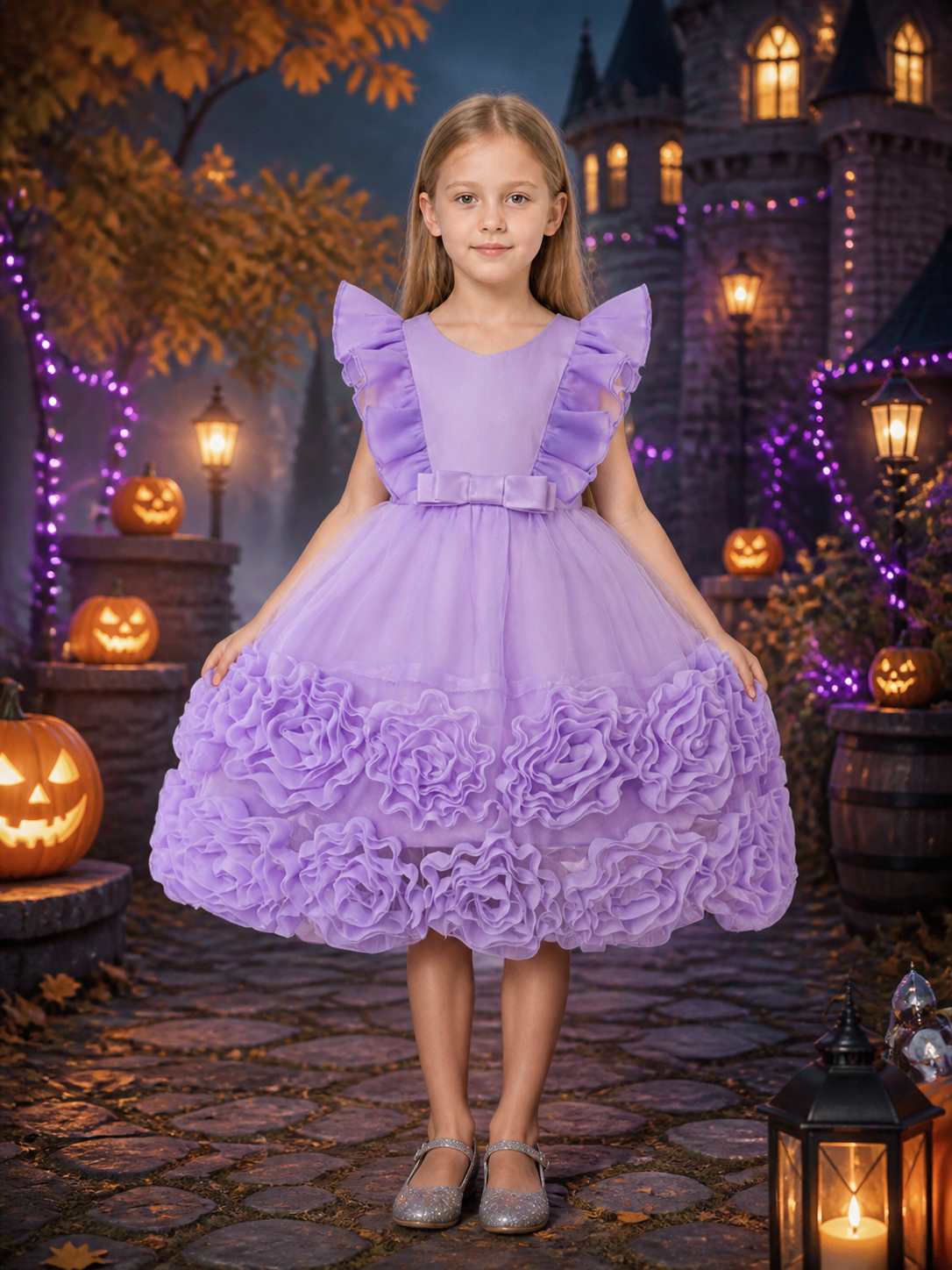 Girls' Light Purple Princess Party Dress with Layered Organza Skirt, Ruffle Costume Dresses detail 2