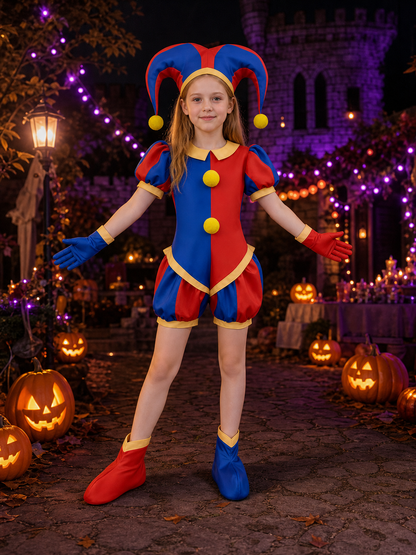 Kids red and blue jester jumpsuit costume with pom-pom hat at a Halloween night party