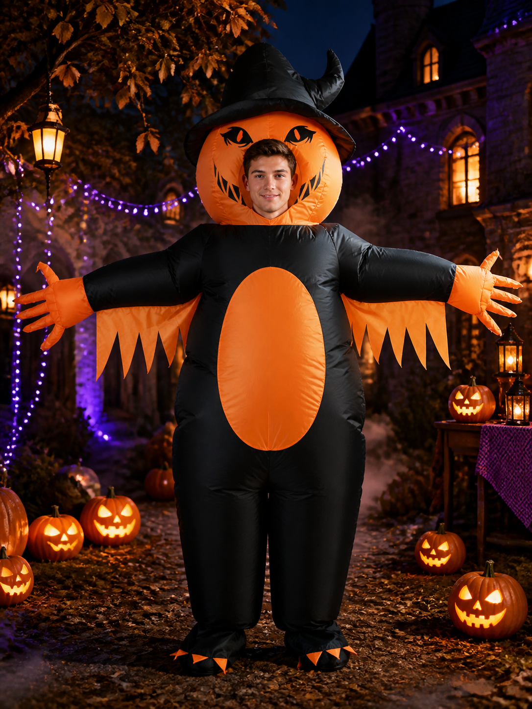 Inflatable Pumpkin Wizard Costume - Black & Orange Halloween Jumpsuit Costumes detail 2