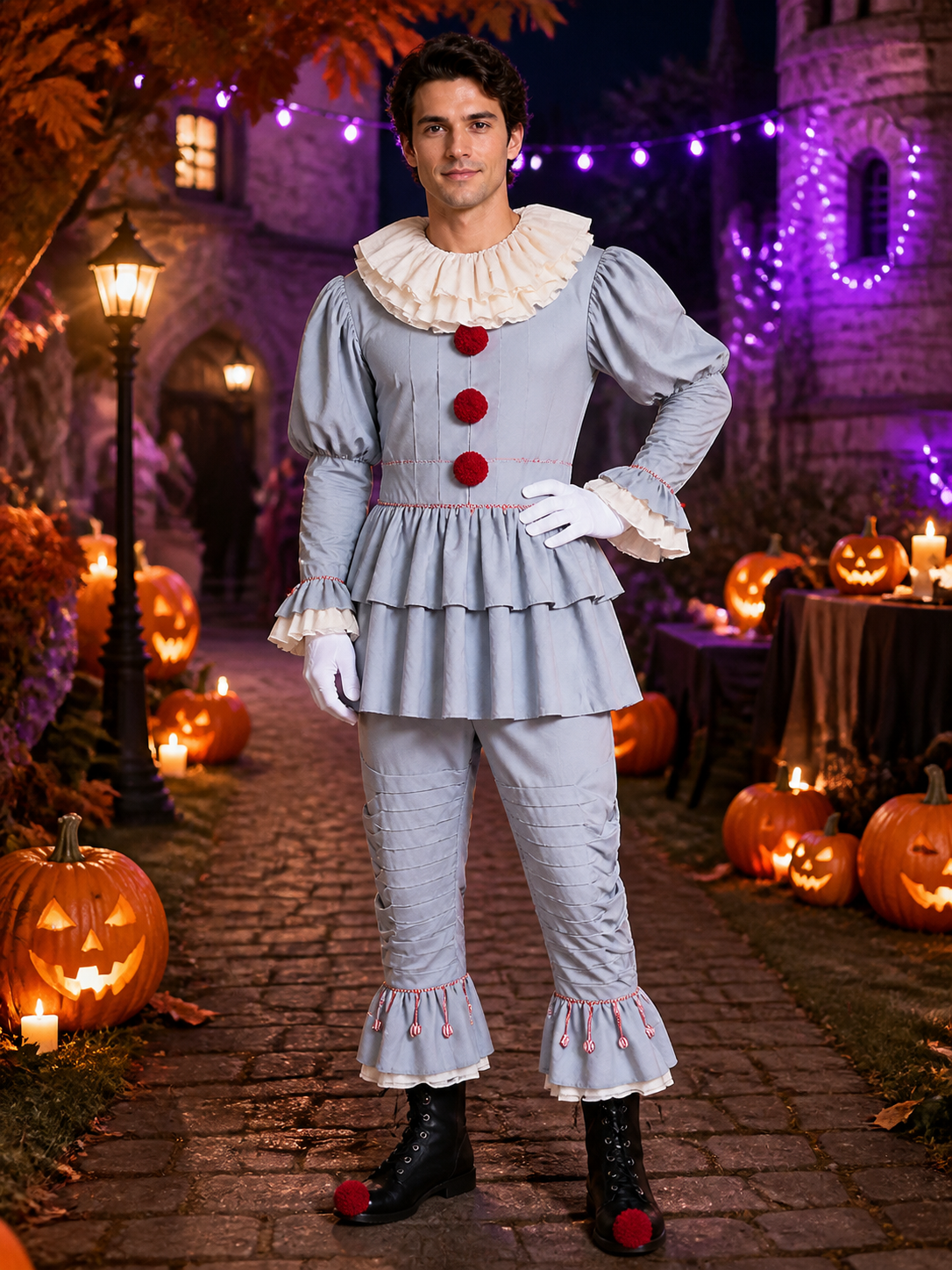 Adult Clown Jumpsuit Costume with Ruffle Trim and Red Pom Poms, Halloween Costumes detail 2