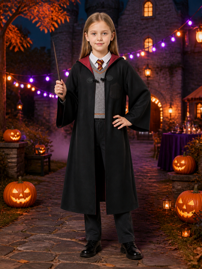 Kids' Wizard Costume Set, Hooded Robe, Gray Top and Black Pants Costumes detail 2