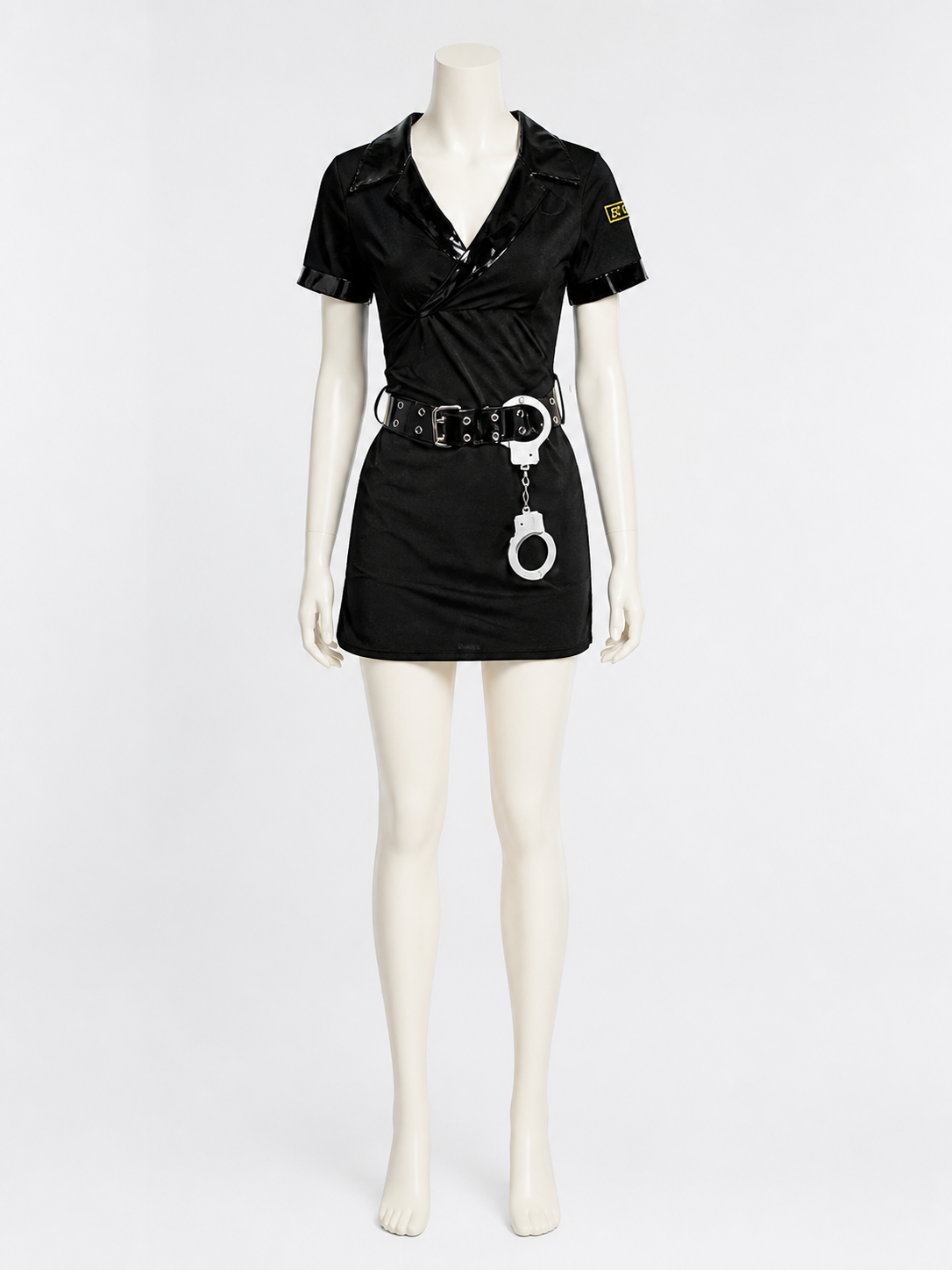Women's V-Neck Police Costume Dress, Black Short Halloween Outfit with Belt and