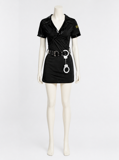 Women's V-Neck Police Costume Dress, Black Short Halloween Outfit with Belt and