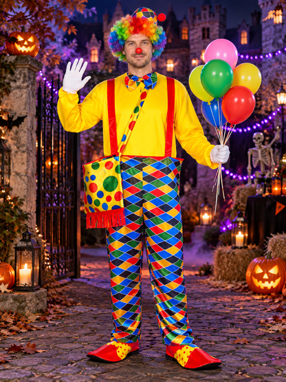 Adult Clown Costume with Wig, Hat, and Gloves