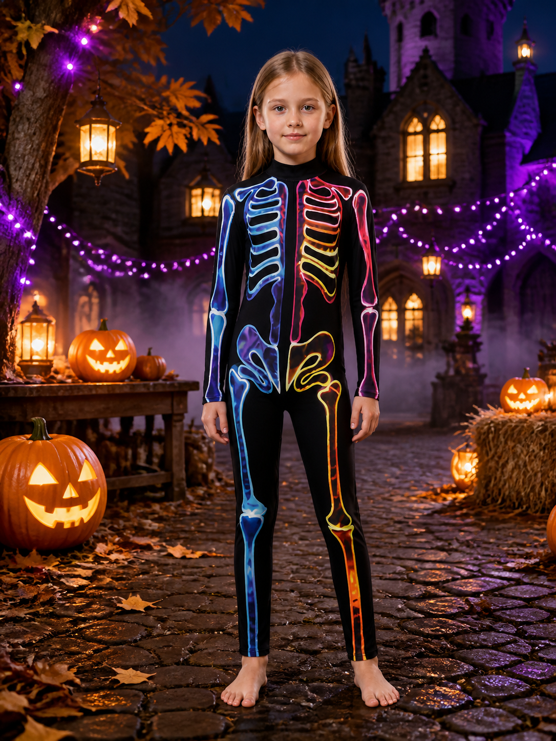 Rainbow Skeleton Bodysuit Costume with Fluorescent Bones for Halloween Costumes detail 2