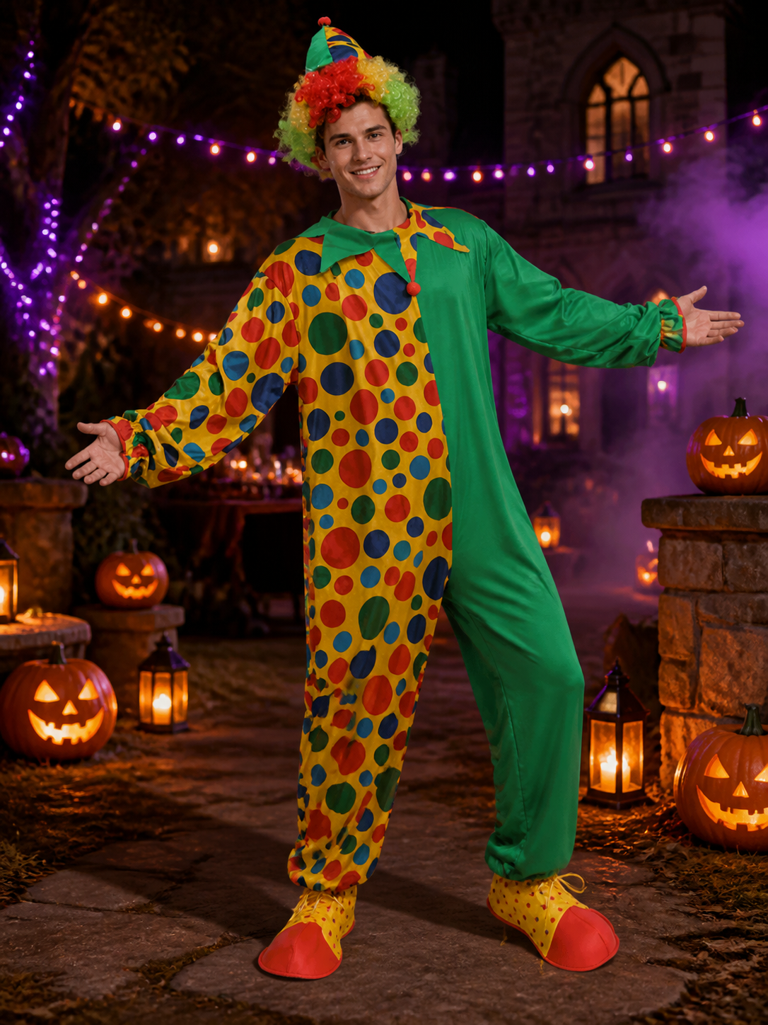 Unisex Jester Costume Jumpsuit, Colorful Polka Dot Clown Outfit with Hat Costume Headwear detail 2