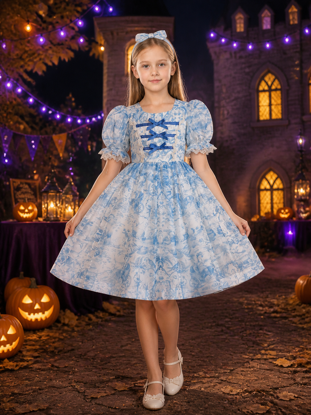 Girls' Light Blue Floral Princess Dress with Lace Trim and Bow Headband Costume Dresses detail 2