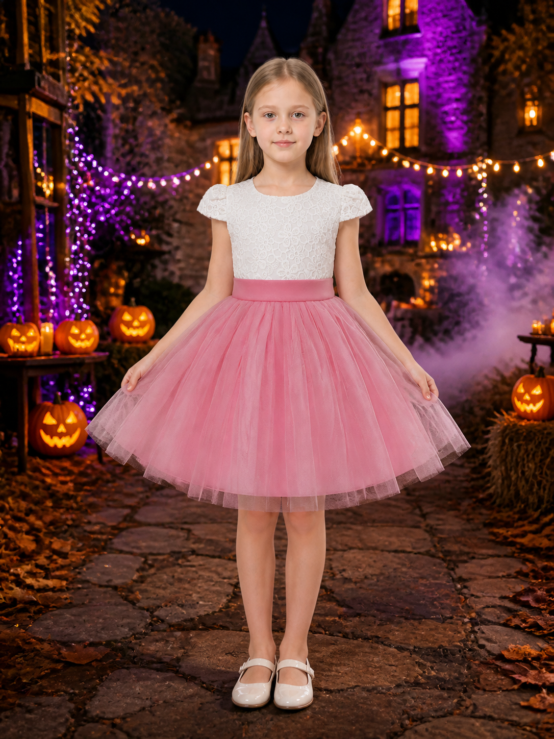 Girls' Princess Dress, Lace Bodice, Layered Tulle Skirt, Flutter Sleeves And Bow Costume Dresses detail 2