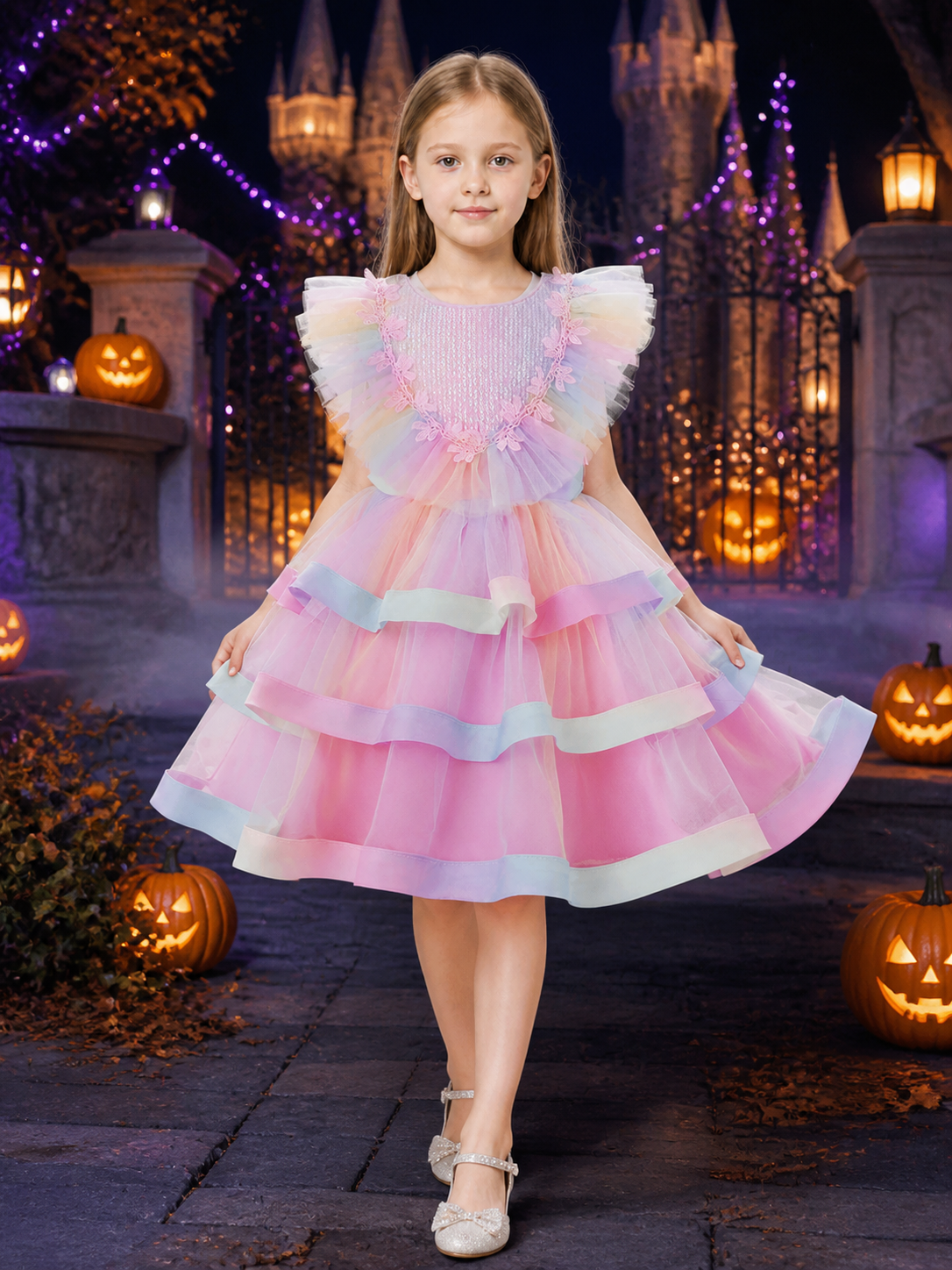 Baby Girls' Rainbow Tulle Princess Dress With Layered Skirt, Sequins And Lace Costume Dresses detail 2