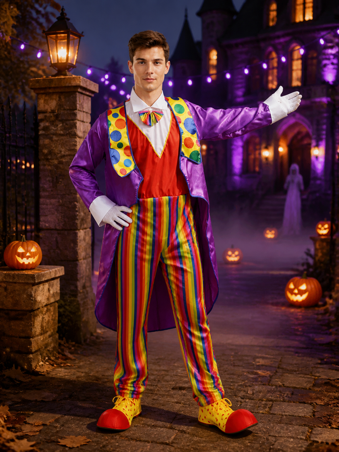 Adult Unisex Clown Halloween Costume Set with Colorful Striped Jumpsuit and Costumes detail 2