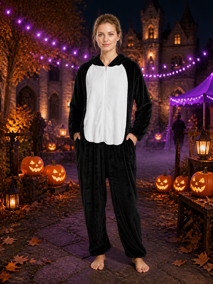 Panda-Style Animal Hooded Jumpsuit, Black And White One-Piece Costume