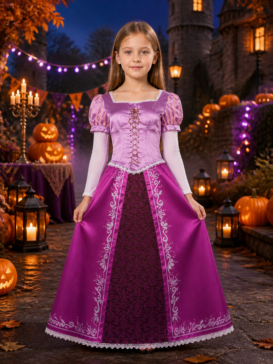Purple Rapunzel Princess Costume Dress with Lace Trim and Corset Lacing on-model Halloween scene view