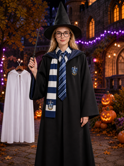 Ravenclaw Wizard Robe Costume Set with Hat, Scarf, Tie and Wand