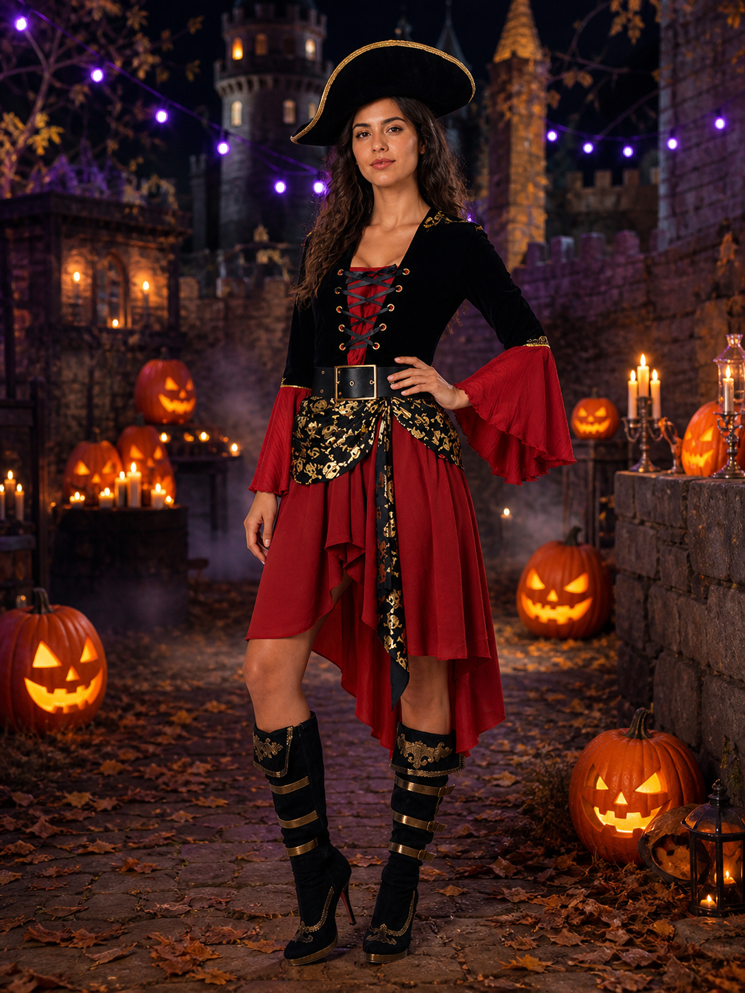 Women's Red and Black Pirate Halloween Costume Set, Asymmetric Layered Skirt Costumes detail 2
