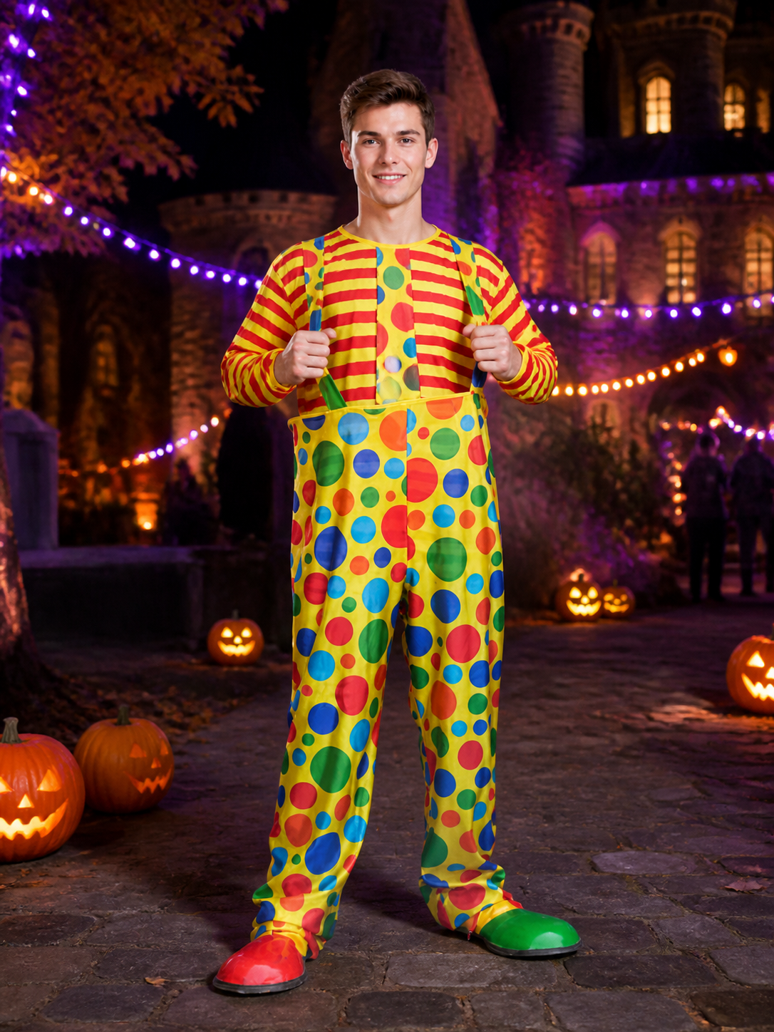 Adult Clown Costume Set for Halloween, Red Yellow Striped Top with Polka Dot Costumes detail 2