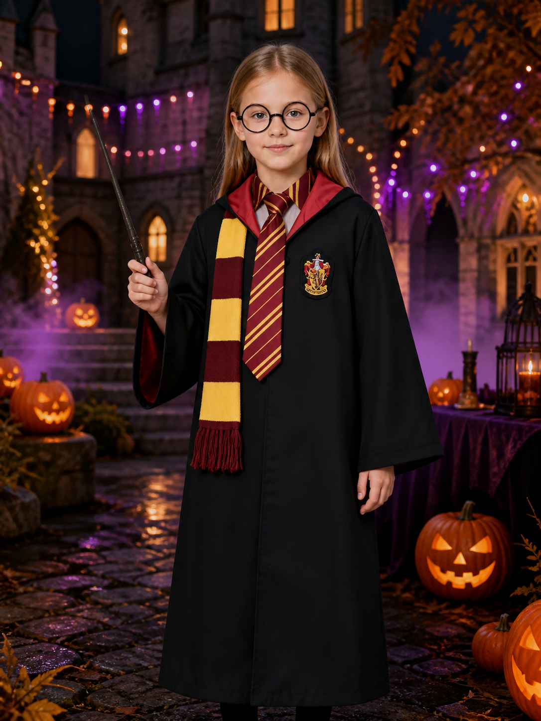 Hooded Black Wizard Robe Costume Set With Scarf, Tie, Wand And Glasses Costume Accessories detail 2
