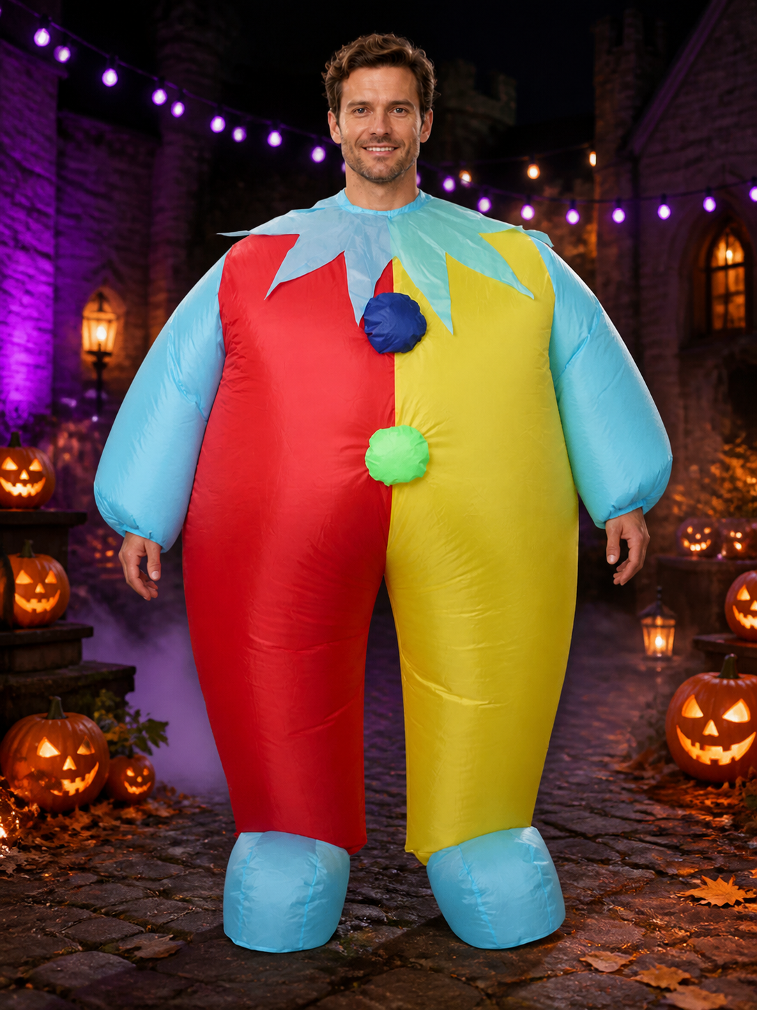 Unisex Inflatable Clown Costume Jumpsuit, Red Yellow Multi-Color Halloween Costumes detail 2