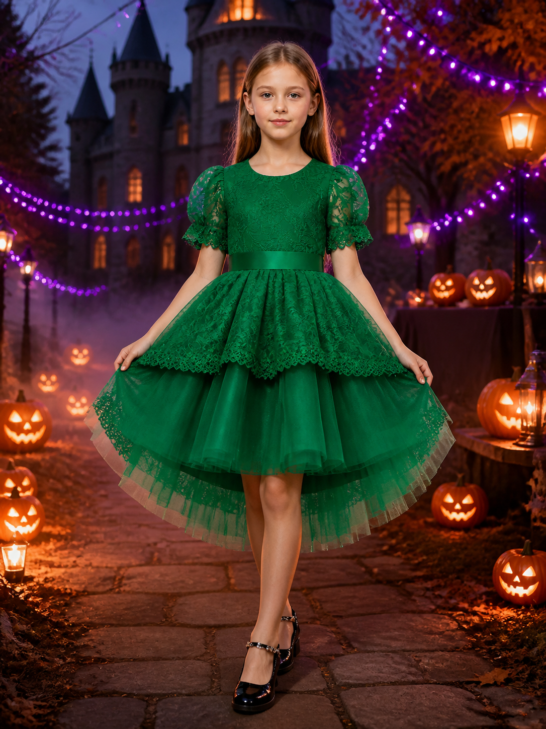 Girls' Dark Green Princess Party Dress with Lace Trim and Puff Sleeves Costume Dresses detail 2