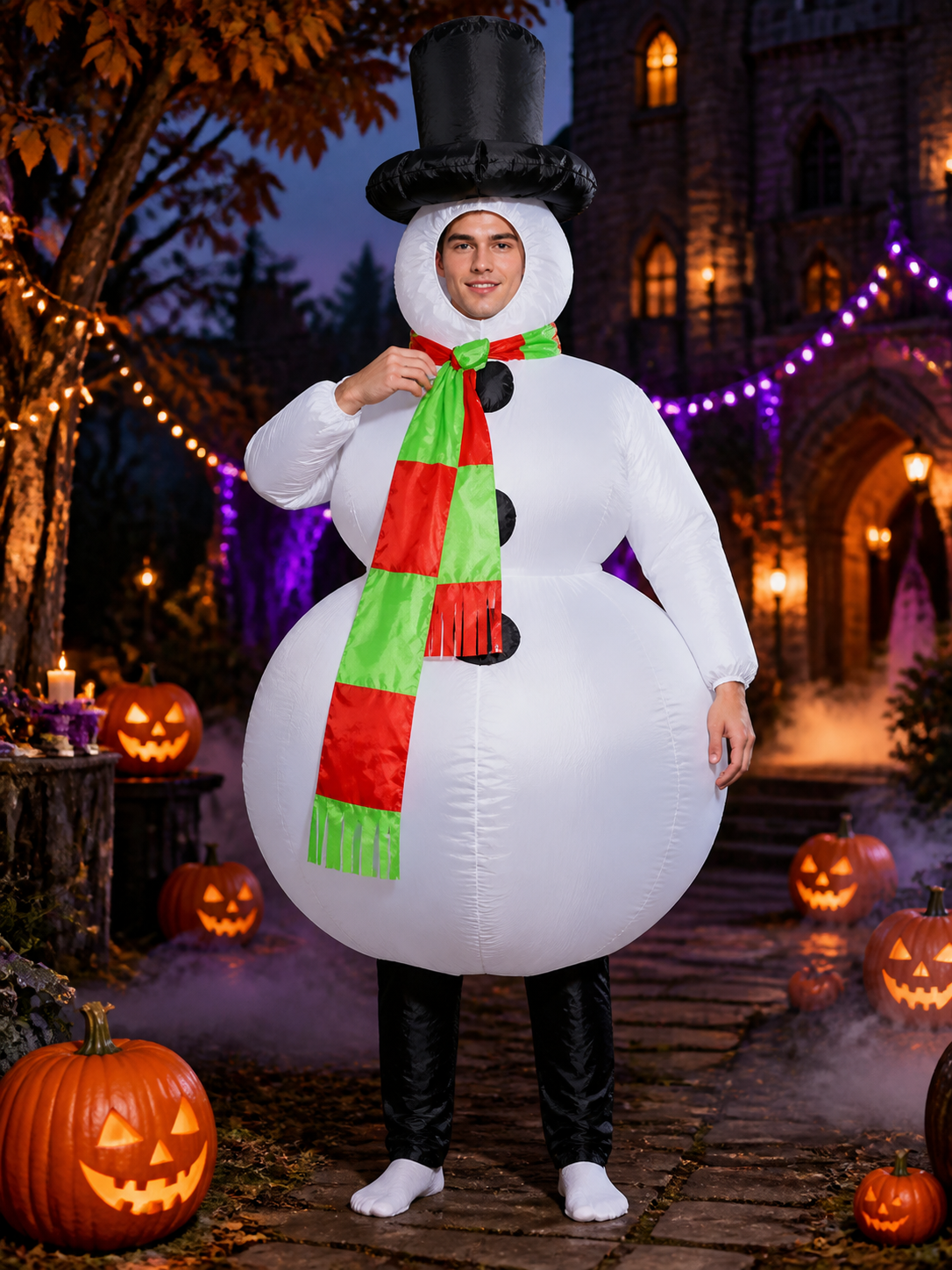 Fluffy Snowman Jumpsuit Costume Set with Hat and Scarf Costume Headwear detail 2